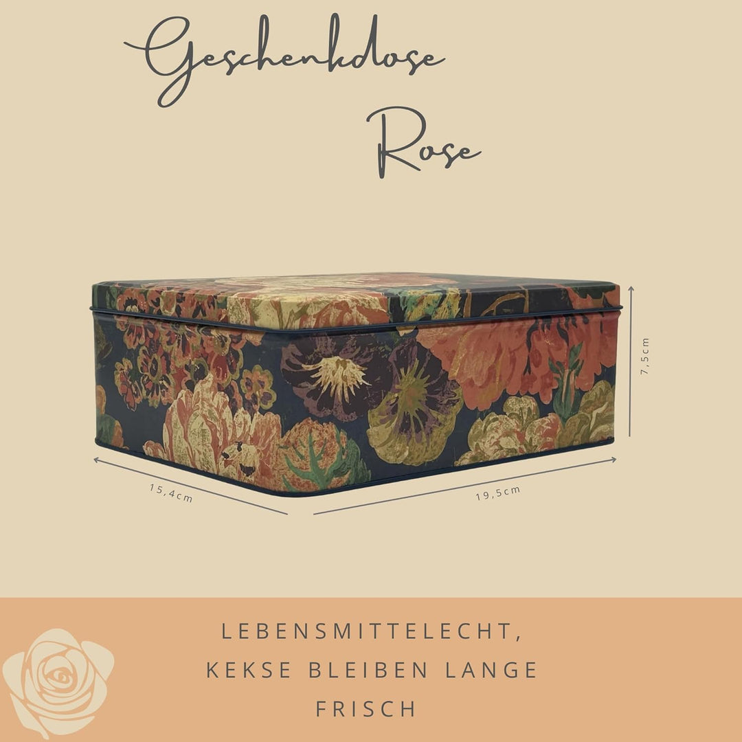 Geschenkdose Design Sanderson - Liebevoll gestaltete rechteckige Vorratsdose - Motiv Rose - Blechdos