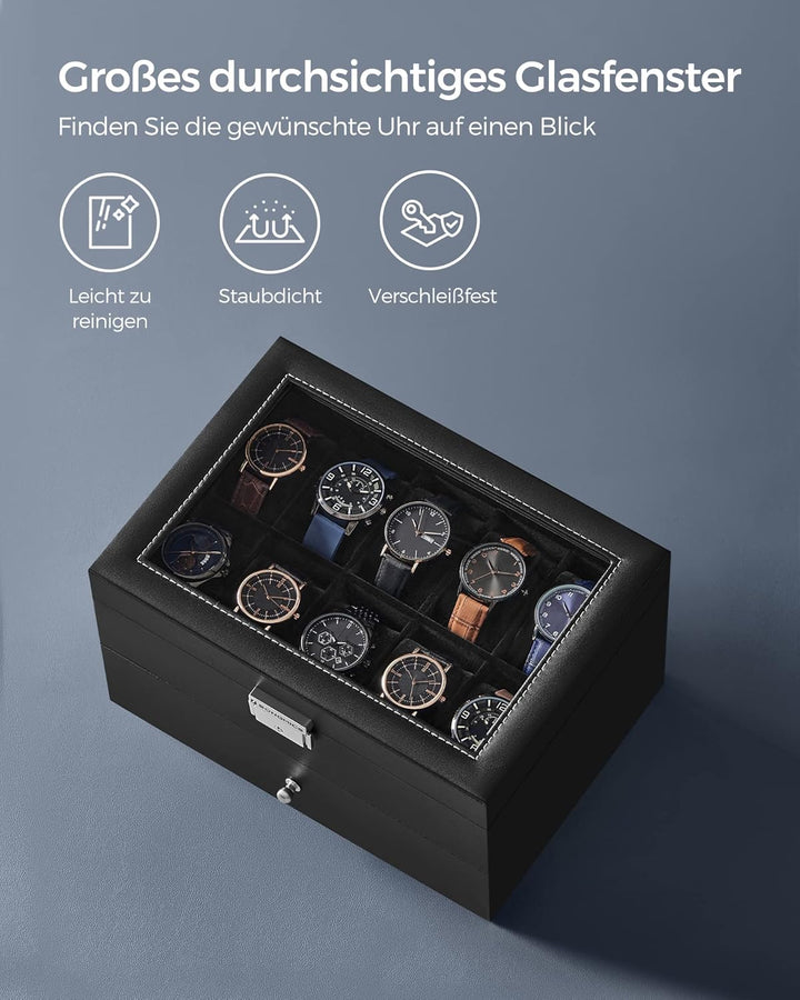 SONGMICS Uhrenbox, Uhrenkasten mit Glasdeckel, 2 Ebenen, Uhrenkoffer mit herausnehmbaren Uhrenkissen