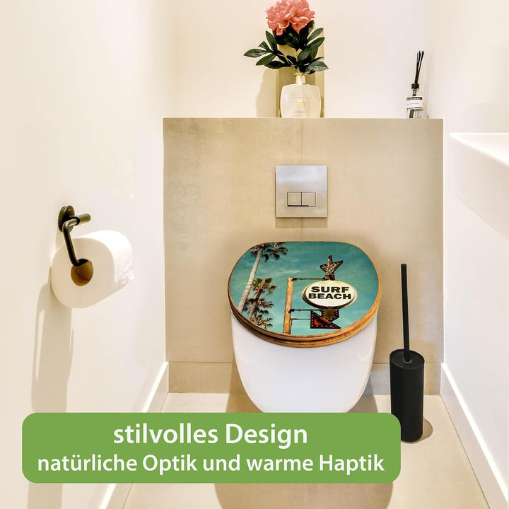 banjado® Design WC Sitz Bambus Absenkautomatik mit Motiv Surf Beach/Toilettendeckel mit Absenkautoma