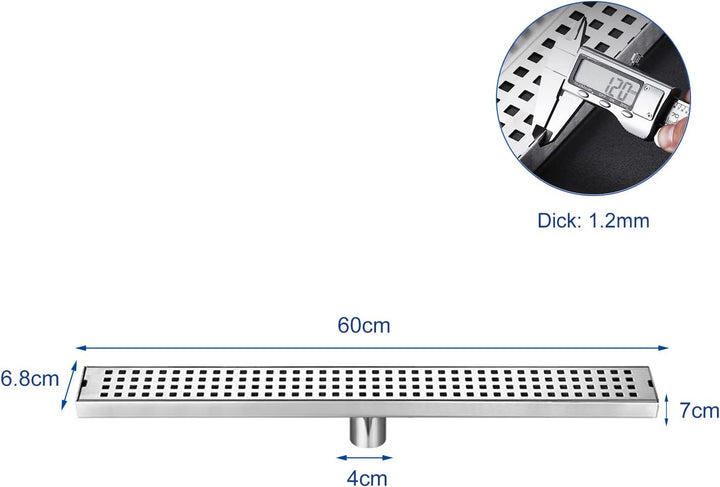uyoyous Strip Duschrinne 60 cm Komplettset Extra Flach,Edelstahl Duschablaufrinne Senkrechter Ablauf