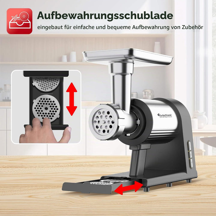 TurboTronic Elektrischer Fleischwolf Samurai – 2600W beste Maschine mit Spritzgepäckvorsatz Metallge