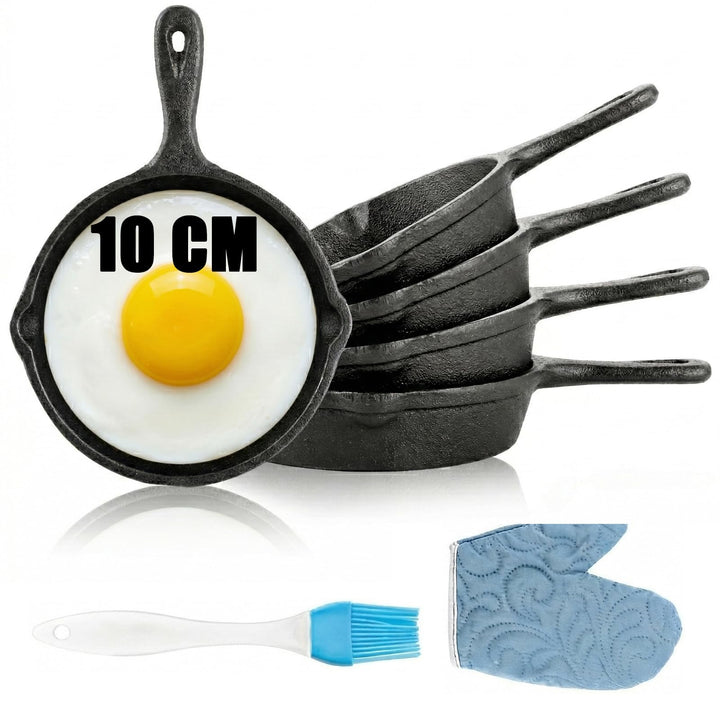 SHUESS 5 Stück 10cm Mini Pfanne Set, Kleine Pfanne Induktion mit Pinsel &amp; Handschuh, Gusseisenpfanne