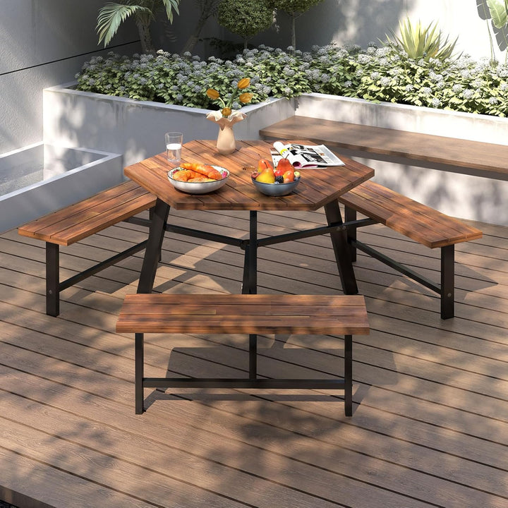COSTWAY Picknicktisch Set für 6 Personen, Gartentisch aus Akazienholz mit Schirmloch & 3 Bänken, Ter