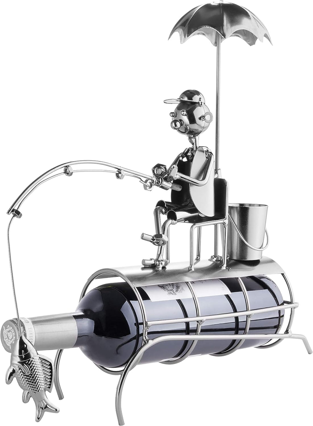 BRUBAKER Weinflaschenhalter Angler mit Sonnenschirm und Fisch an der Angel - Flaschenhalter Silber -
