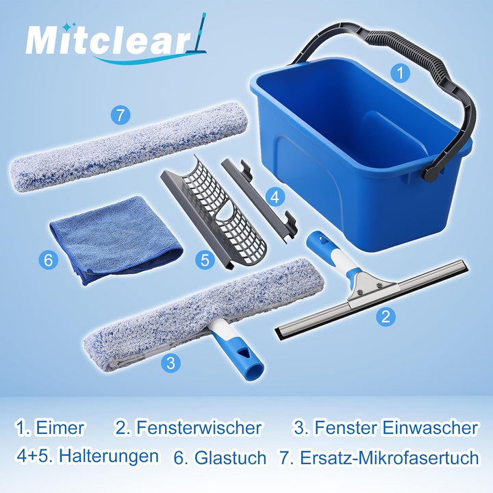Mitclear Fensterreiniger Set, Profi Fensterputzer mit Eimer 12L, Fensterwischer 35CM, Fenster Einwas