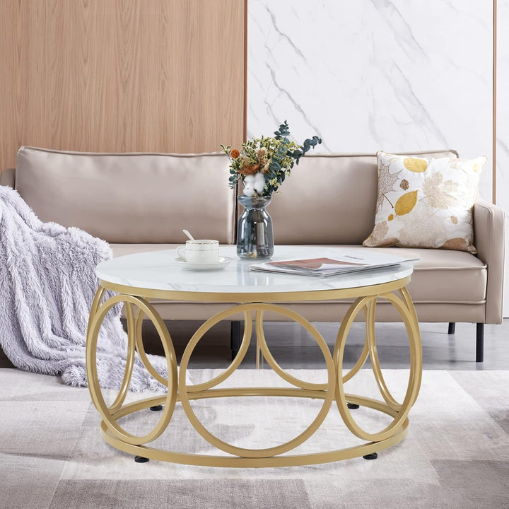 M MCombo Couchtisch Rund Holz, Modern Sofatisch Marmor Weiss Gold, Klein Kaffeetisch Metallgestell,