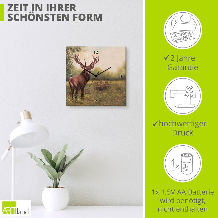 ARTLAND Wanduhr ohne Tickgeräusche Leinwand Quarzuhr 30x30 cm Quadratisch Lautlos Hirsch Tiere Wald