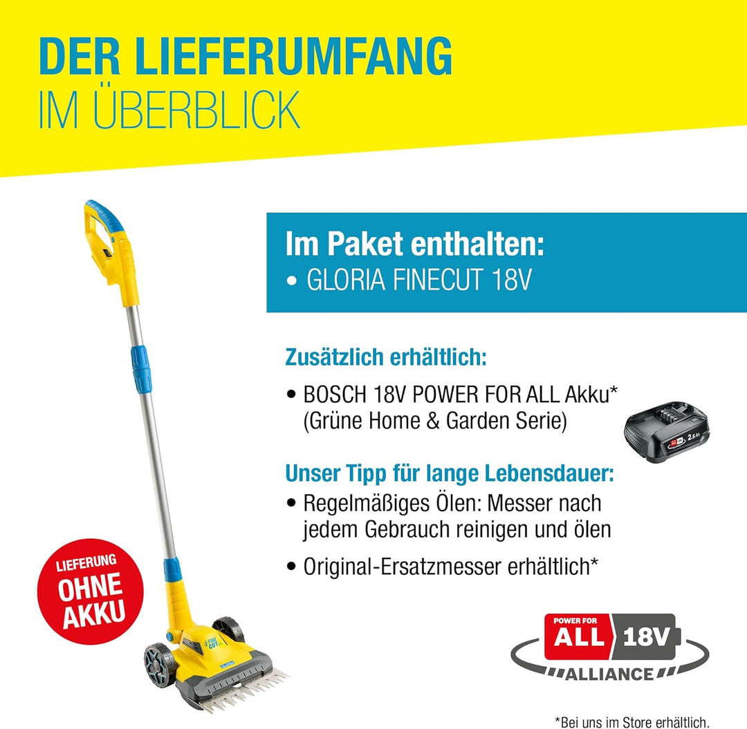 GLORIA Akku Rasen- und Kantenschneider FineCut 18V - Ergänzung für Mähroboter | Akku Rasenmäher/Rase