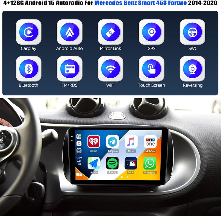 CAMECHO 4+128G 9 Zoll Android 15 Autoradio für Mercedes Benz Smart 453 Fortwo 2014-2020, Benz Navi R
