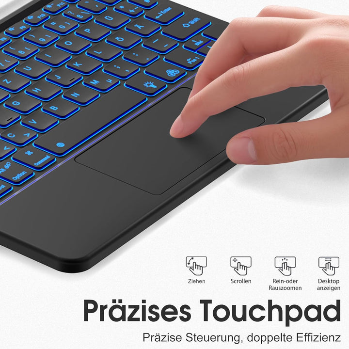 Vobafe Bluetooth Tastatur mit Touchpad, Kabellose 7-farbiges Backlight QWERTZ Tablet Keyboard, Trale