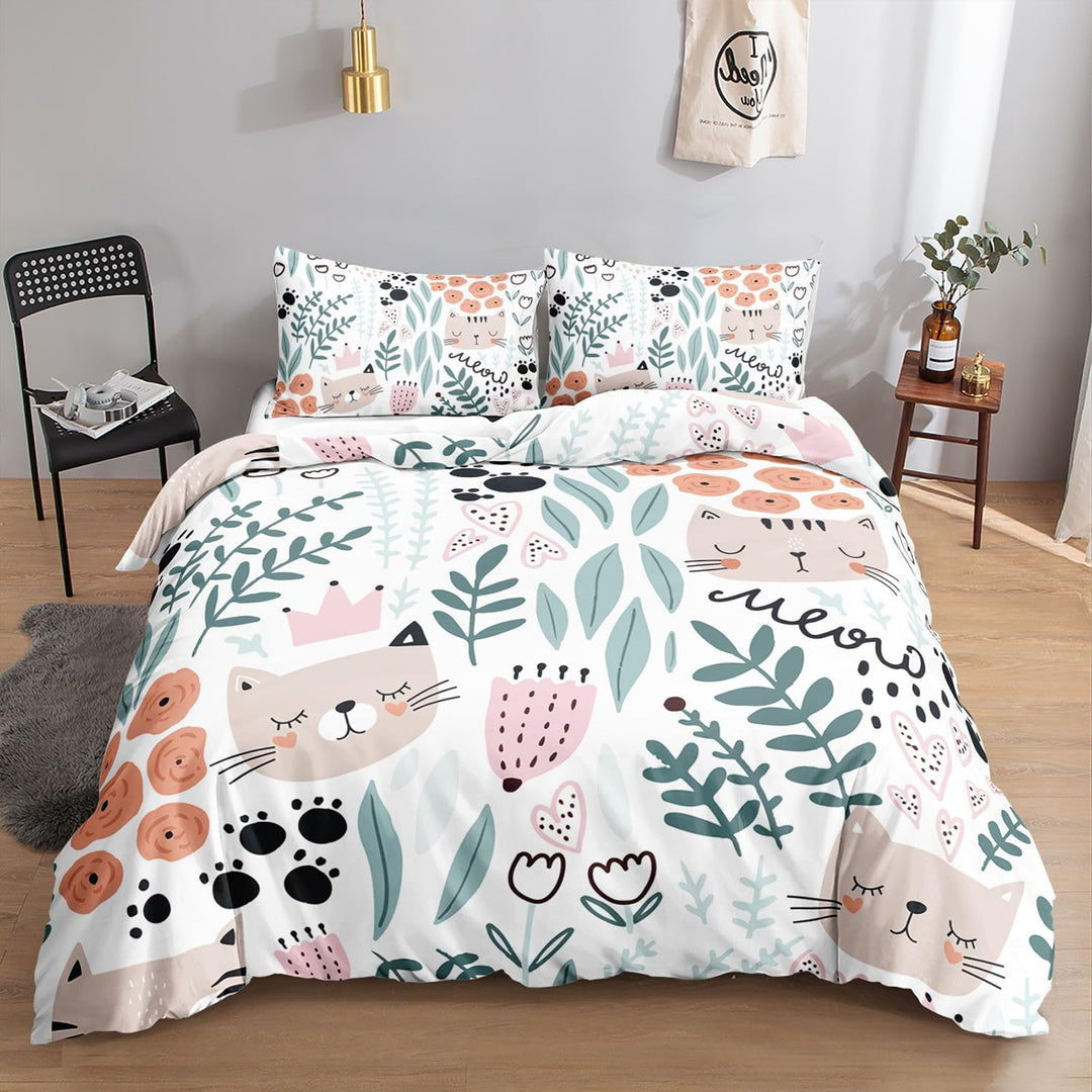 HOSIMA Bettwäsche-Set für Cartoon-Katze für Erwachsene, Jungen und Mädchen,Cartoon-Katze-Aufdruck, B