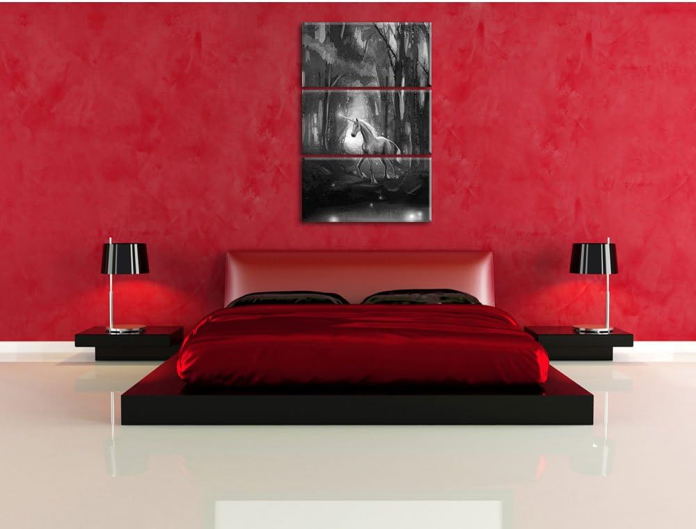 Pixxprint Einhorn im Zauberwald / 3-Teilig/Gesamtmass 120cm Leinwandbild bespannt auf Holzrahmen/Wan