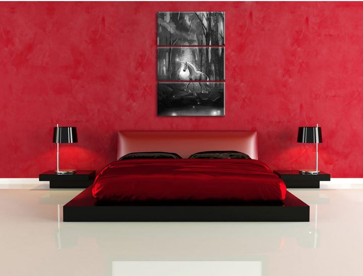 Pixxprint Einhorn im Zauberwald / 3-Teilig/Gesamtmass 120cm Leinwandbild bespannt auf Holzrahmen/Wan