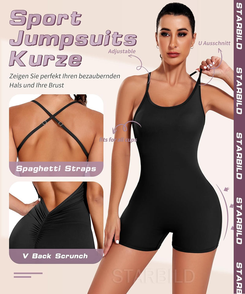 STARBILD Damen Yoga Jumpsuit Ärmellos Rückenfrei Eng Anliegender, Fitness Overall für Gym Workout, K