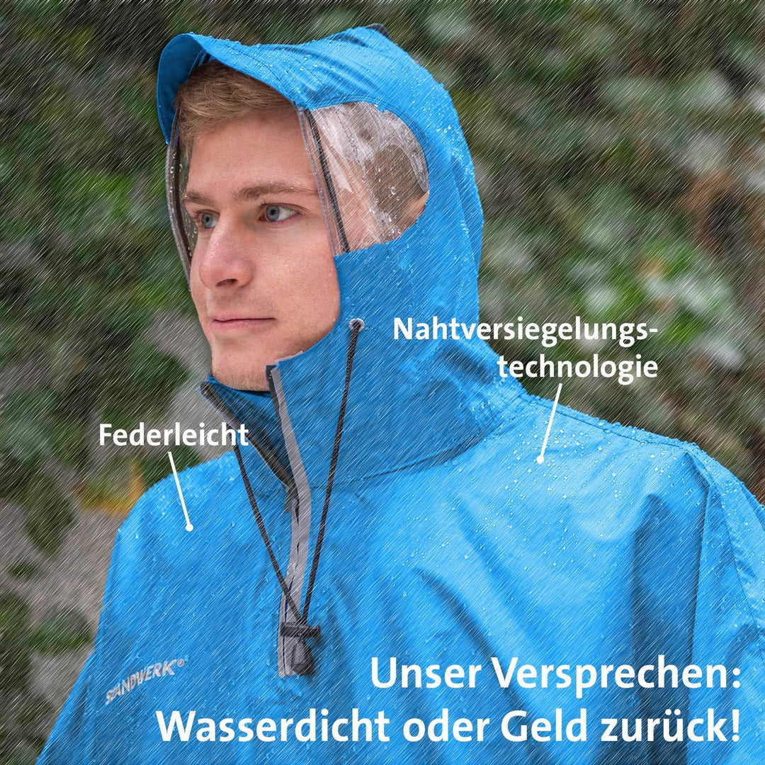 STANDWERK Regenponcho mit einzigartiger Navigationstasche und Sichtfenster fürs Wandern - Regencape