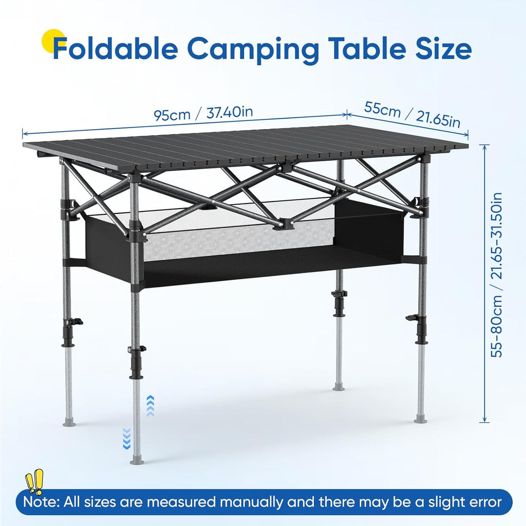 Campingtisch Klappbar 95x55x55cm Klapptisch Höhenverstellbar, Aluminium Tischplatte Aufrollbar, bis
