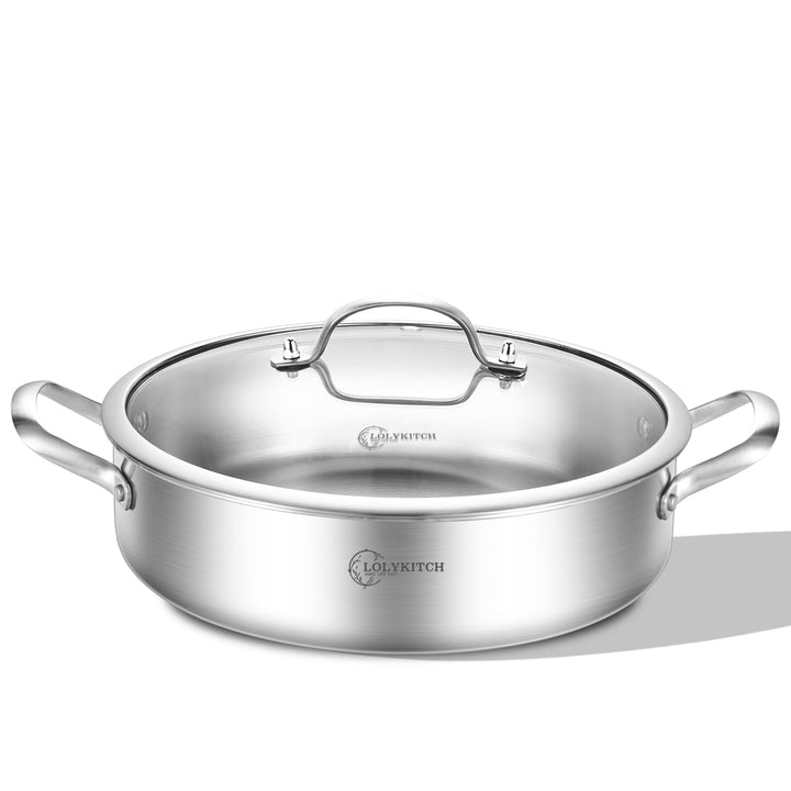 LOLYKITCH Schmorpfanne 28 cm Hoher Rand, Servierpfanne mit Deckel, Edelstahl Unbeschichtet Sautepfan