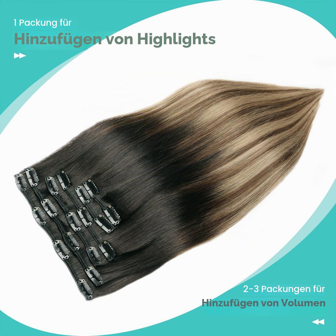 SURNEL Clip in Extensions Eechthaar, 50cm 20 Zoll 120g 6pcs Balayage Schokoladenbraun bis Karamellbl