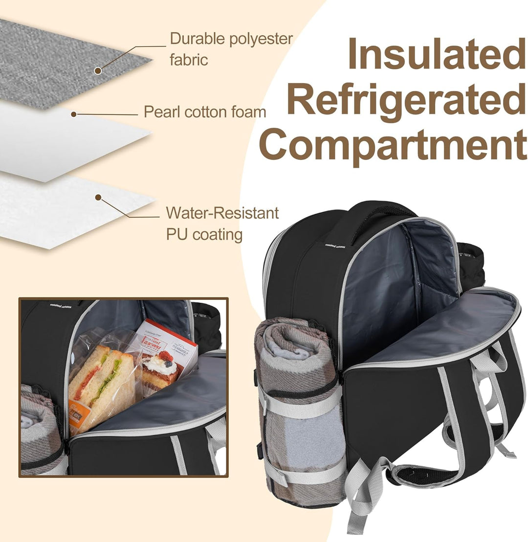 FREEAMG Picknick-Rucksack für 4 Personen, mit Kühlfach, isoliert und wasserdicht, Picknicktasche mit