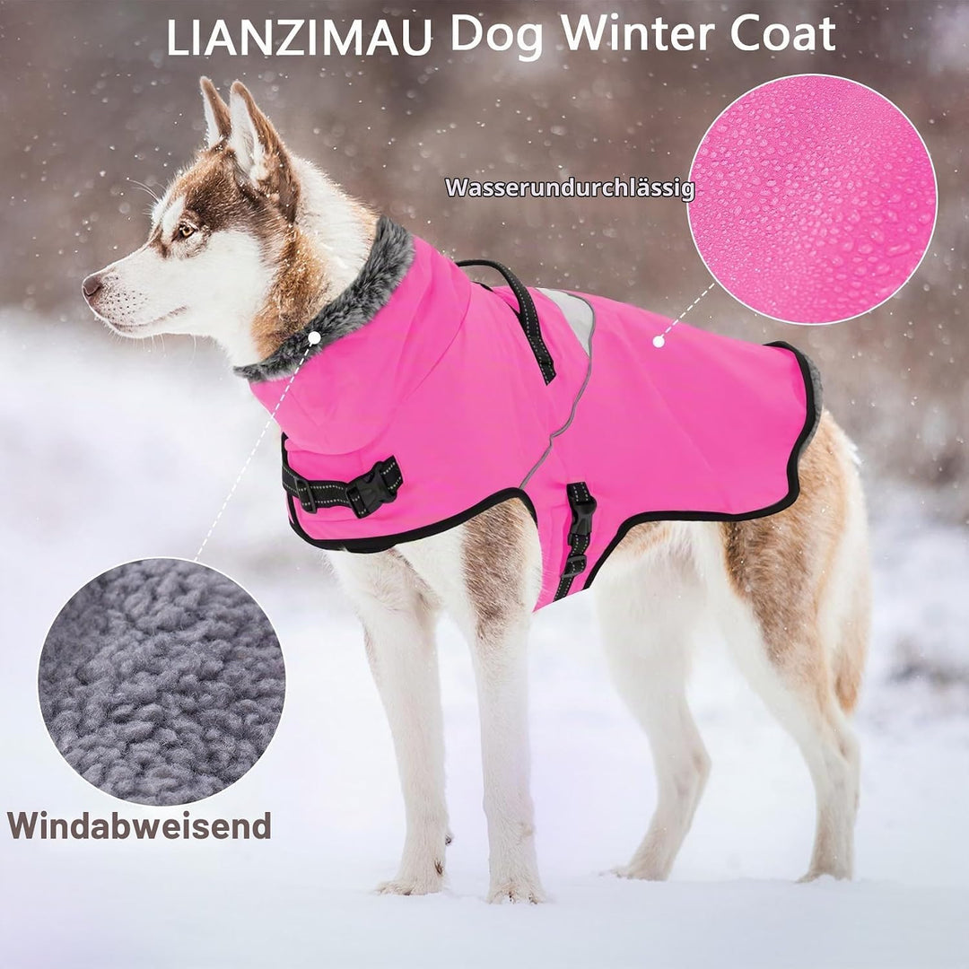LIANZIMAU Wasserdichter Hundemantel mit Geschirr Wintermantel Hundepullover Fleece Reflektierende Hu