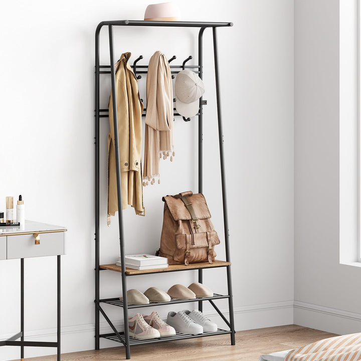 GarveeHome Garderobenständer, 4-in-1 Kleiderständer mit Schuhablagen und 10 Abnehmbare Haken, 64x29x