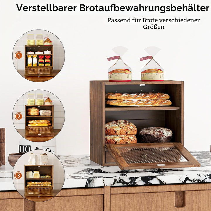 Alpeir Brotkasten Holz Gross 2 Etagen Brotbox mit Magnetisch Acryl Sichtfenster und Schublade, Ecke