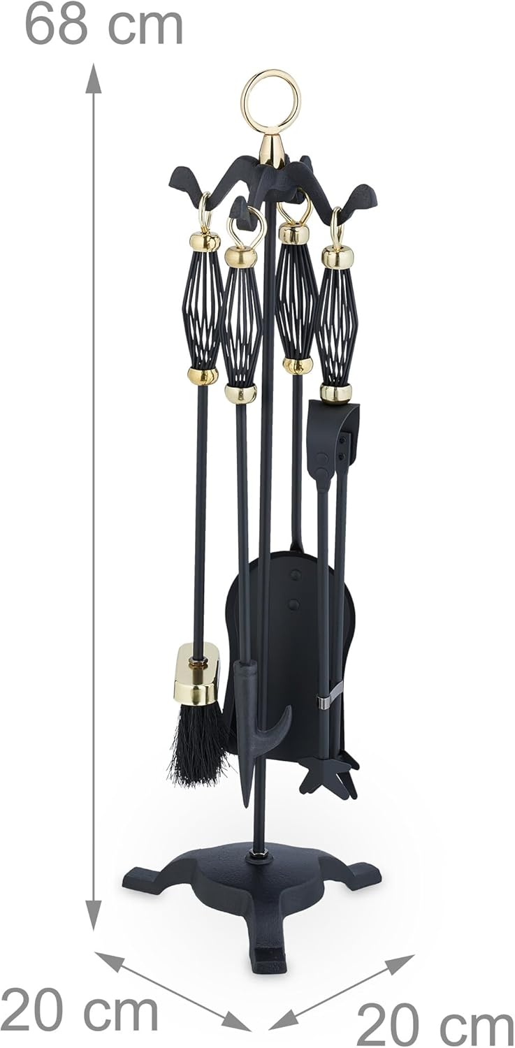 Relaxdays Kaminbesteck 5tlg. Set, Schürhaken, Ascheschaufel, Besen, Zange & Ständer, Eisen, Kamingar