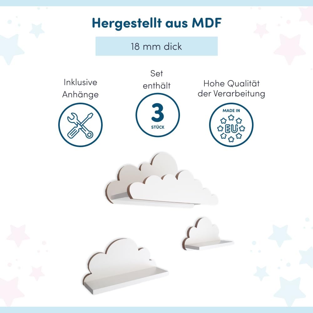 3er Set Wandregal Kinderzimmer Weiss | Babyzimmer Wolkenregal für Bücher, Spielzeug und Dekoration |