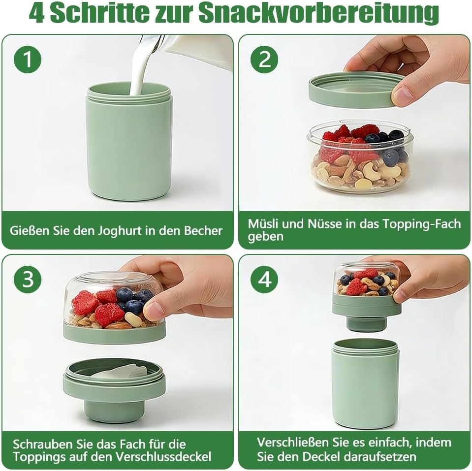 2 Stück Müslibecher to go mit Löffel - 3-Schicht-Design, Joghurtbecher to go Kinder 520ML+250ML mit