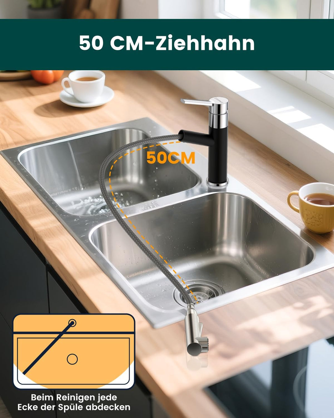 DAYONE Küchenarmatur Schwarz, SUS304 Edelstahl Hochdruck Wasserhahn Küche Ausziehbare Brause mit 2 S