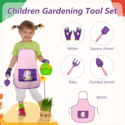 DKINY 5tlg Gartengeräte für Kinder Einhorn Gartenset mit Gartenschürze Handschuhe Gartenschaufel Han