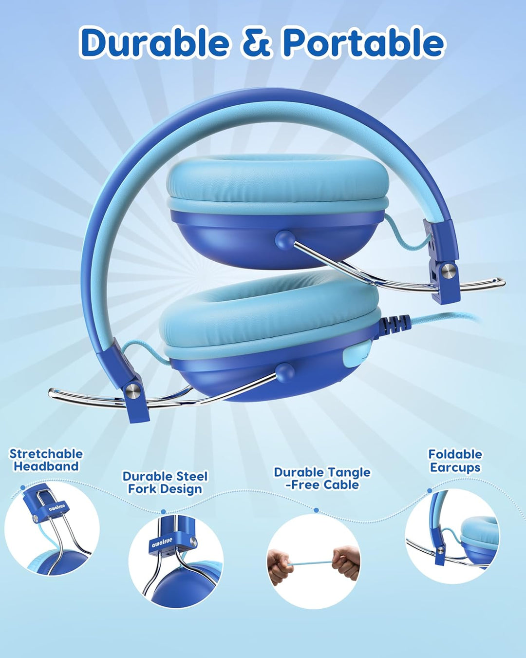 awatrue Kinder Kopfhörer, 74/85dB Lautstärkegrenze Kopfhörer Kinder mit Kabel, Stereo Sound, HD-Ton,