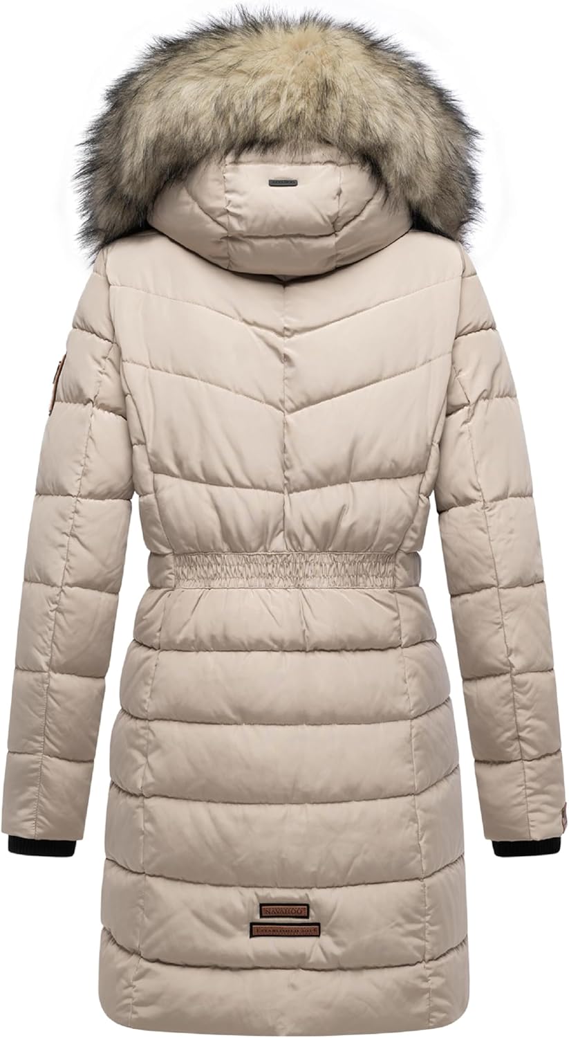 Navahoo Damen Wintermantel warmer Steppmantel lang mit abnehmbarer Kunstfell-Kapuze Paula XS-5XL M L