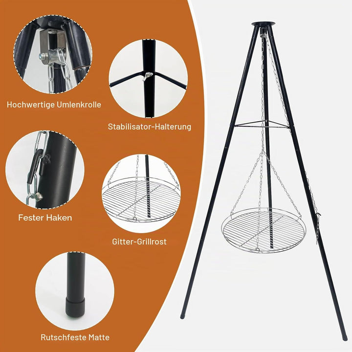 Dreibein Schwenkgrill 150 cm, Ø 48 cm 304 Edelstahl Grillplatte | Mit Kurbel &amp; Kette, Höhenverstellb