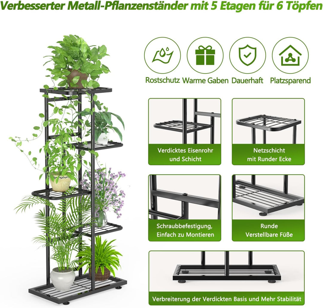 MAIJIAJU 5 Etagen Blumenständer Metall Schwarz mit Gartengeräte und Handschuhe, 95cm Ecke Blumenrega