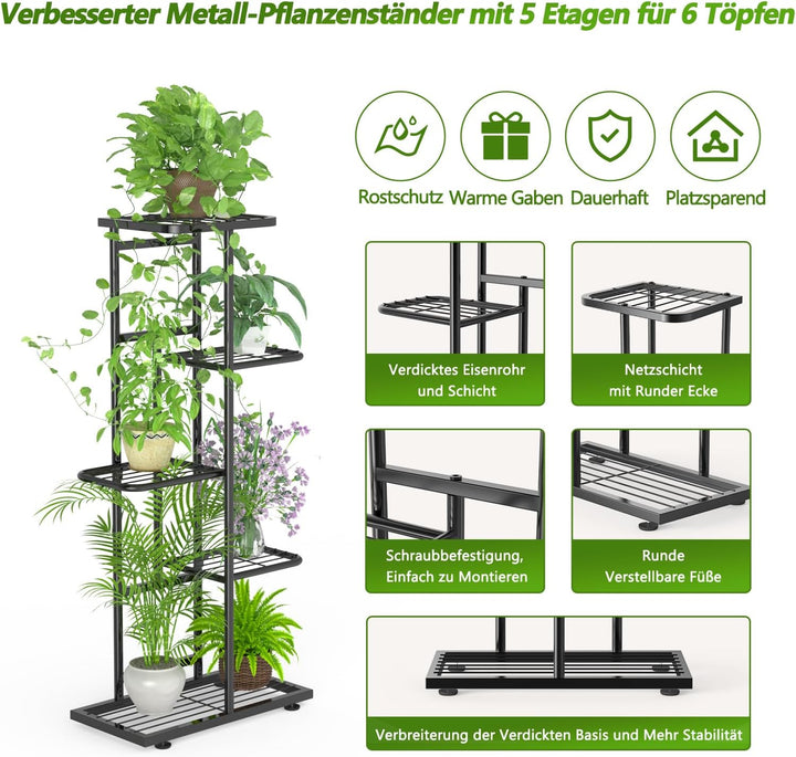 MAIJIAJU 5 Etagen Blumenständer Metall Schwarz mit Gartengeräte und Handschuhe, 95cm Ecke Blumenrega