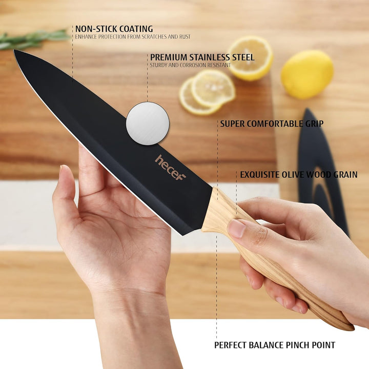 hecef Messerblock Set 6 Teilig, Edelstahl Küchenmesser mit Universalblock, Chefmesser & Santoku, Ext