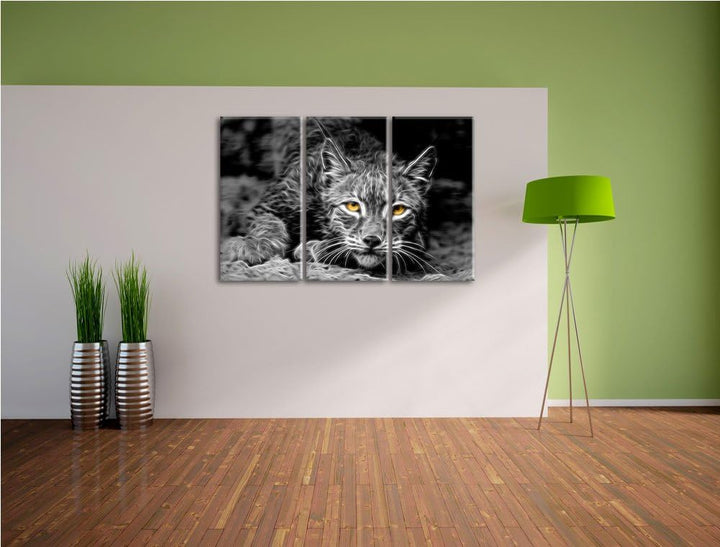 schöner wachsamer Luchs schwarz/weiss Deluxe 3-Teiler Leinwandbild 120x80 Bild auf Leinwand, XXL rie