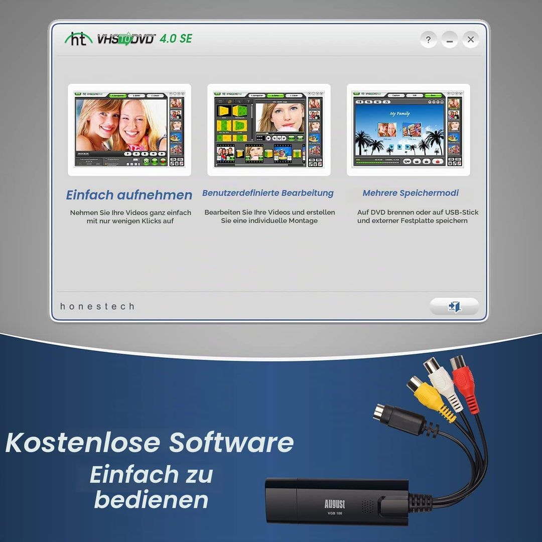 USB 2.0 Audio Video Grabber Konverter - August VGB100 - Scart, S-Video, Composite – VHS Hi8 Kassette