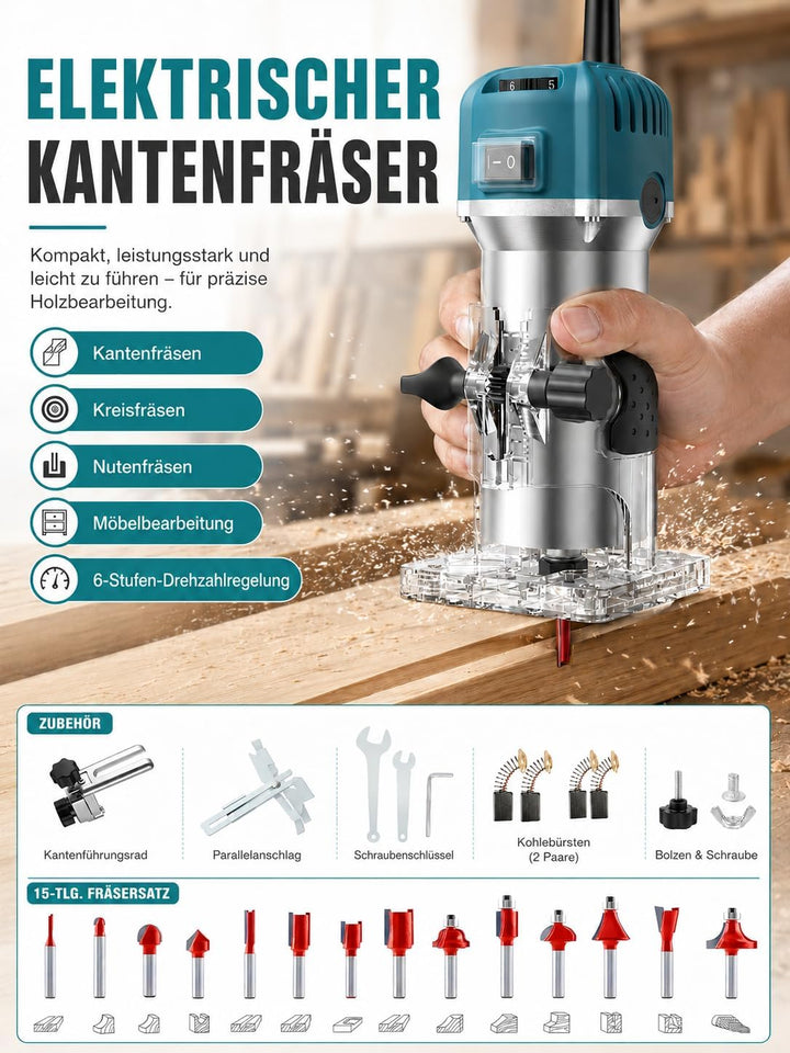 Holzfräse Oberfräse, 800W 30000 U/min Elektrik Kantenfräse mit 15 Pcs 1/4" Fräsen Cuter, 6 Variable