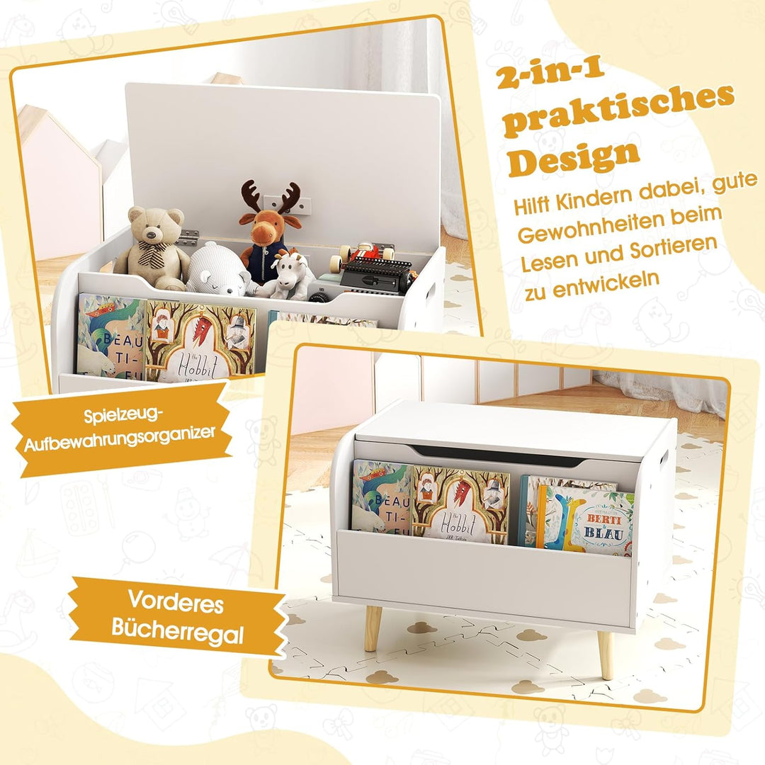 COSTWAY Spielzeugtruhe mit Deckel, 2 in 1 Spielzeugkiste aus Holz mit Bücherregal, Sitztruhe mit Sta