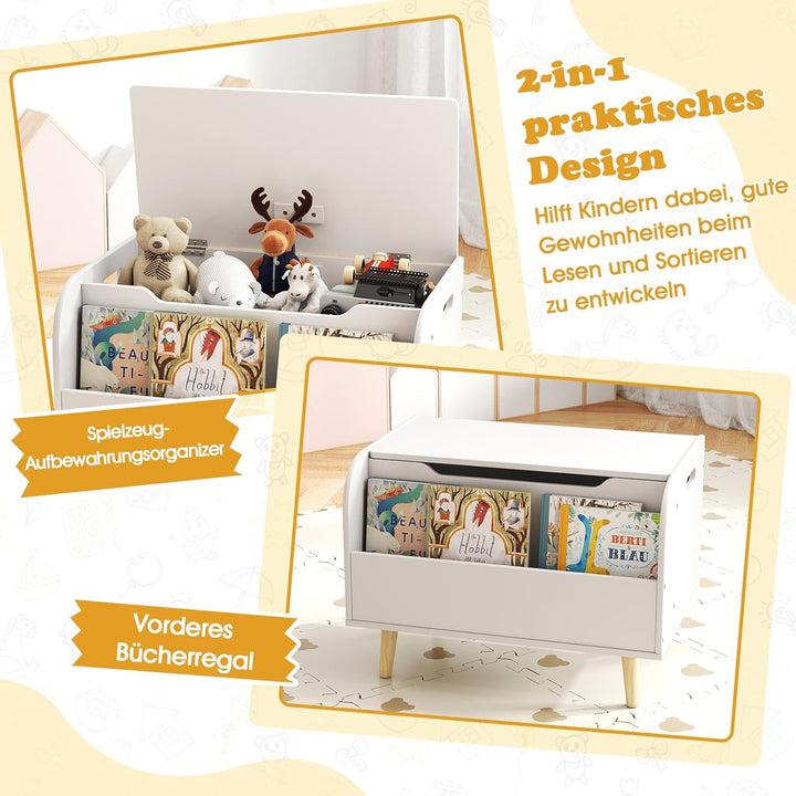 COSTWAY Spielzeugtruhe mit Deckel, 2 in 1 Spielzeugkiste aus Holz mit Bücherregal, Sitztruhe mit Sta