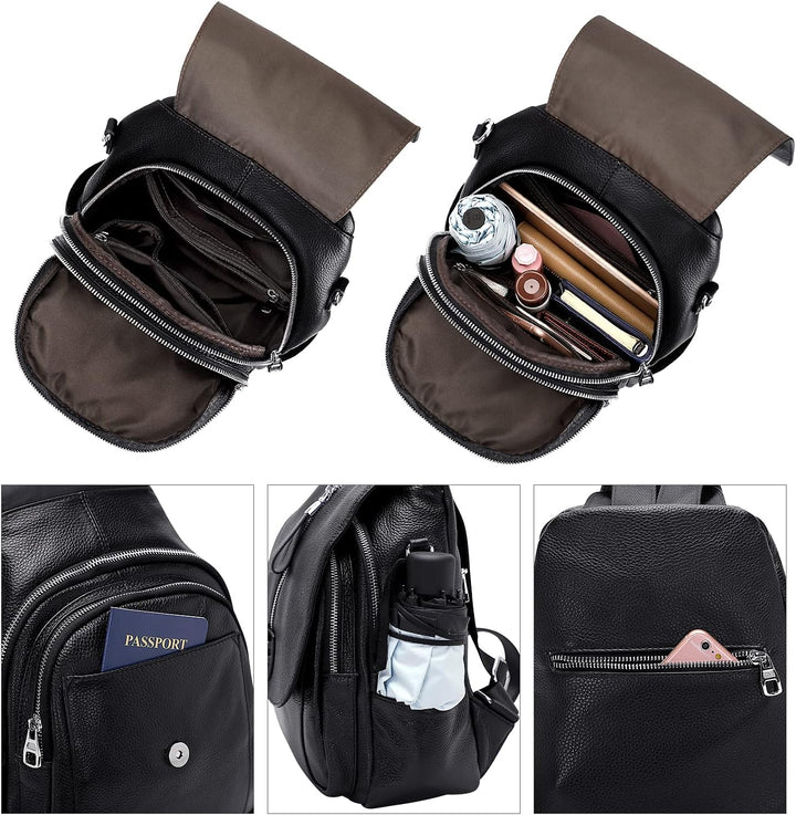 ALTOSY Echtes Leder Rucksack Geldbörse für Frauen Wandelbare Umhängetasche mit Schnalle Klappe Schwa