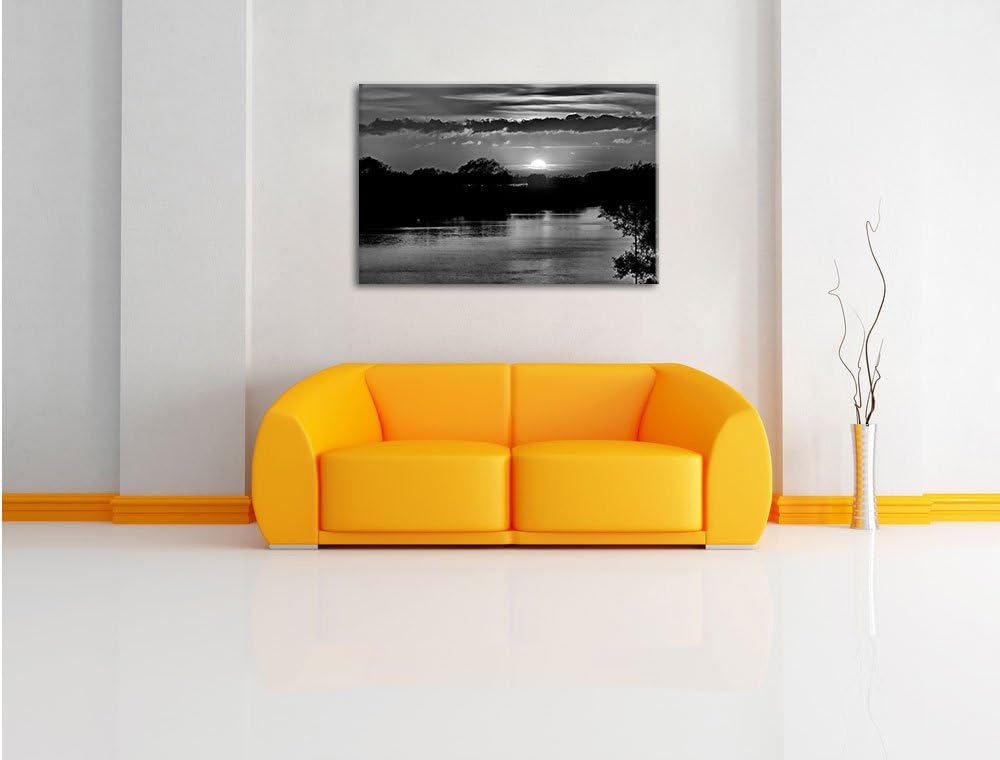 Pixxprint Monocrome, romantischer Sonnenuntergang über Fluss, Format: 100x70 auf Leinwand, XXL riesi