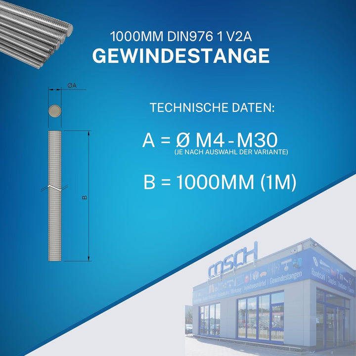 Edelstahl Gewindestange 1000mm DIN976 1 V2A Gewindebolzen M30, M30