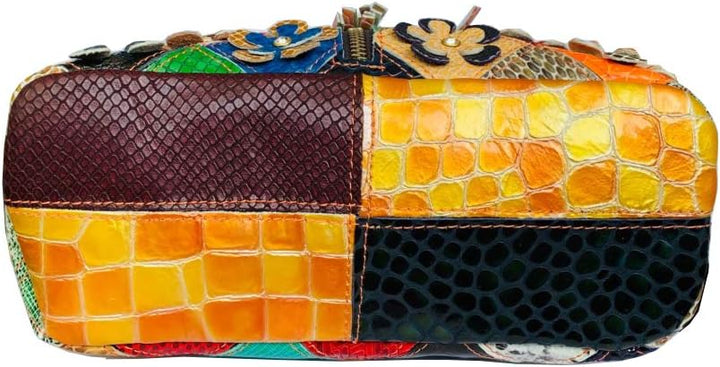 Segater® Mehrfarbig Floral Rind Leder-Umhängetasche für Damen, Vintage Rindsleder Handtasche Blumenm