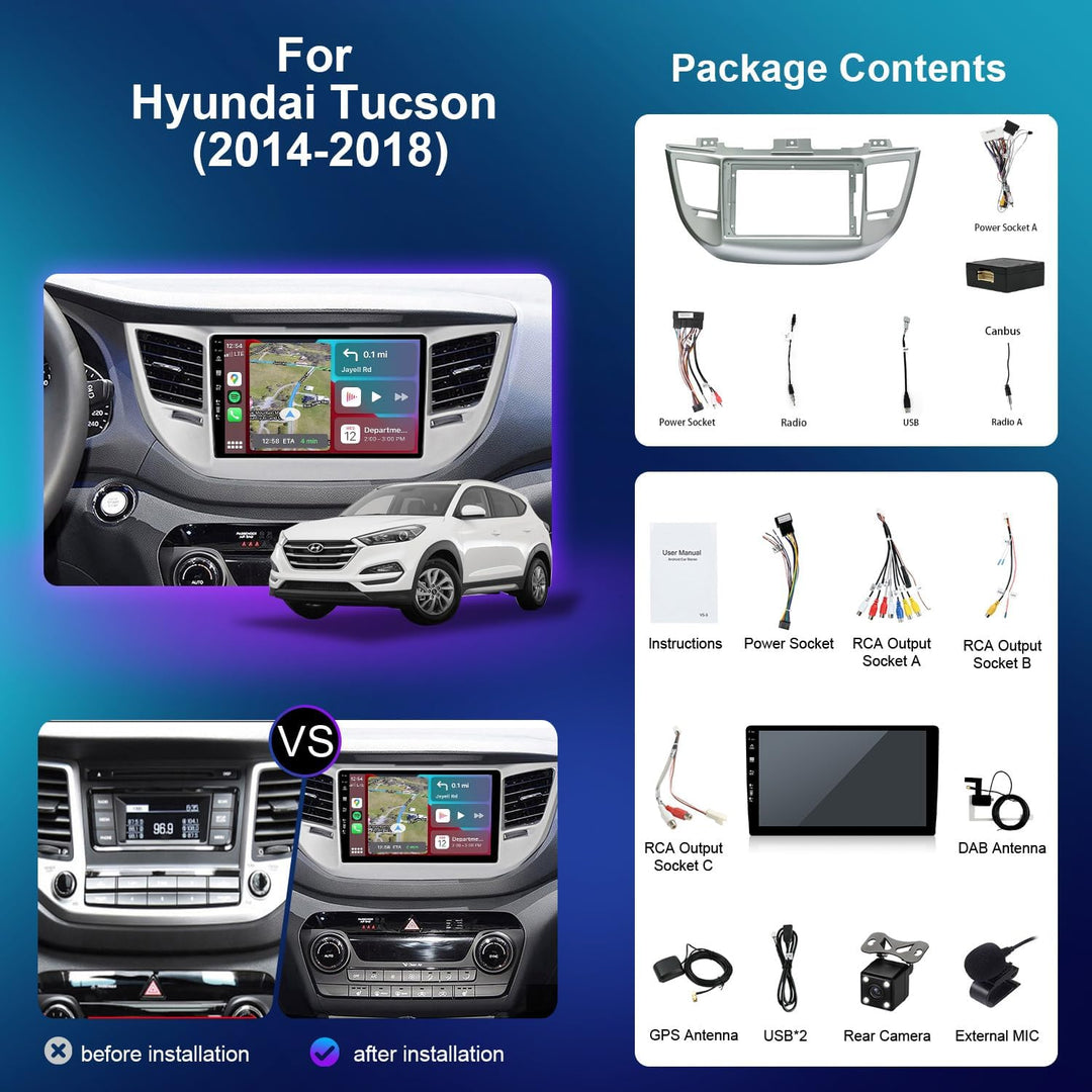 Eingebaut DAB - Android 15 IPS Autoradio für Hyundai Tucson (2014-2018) - Kabellos Carplay/Android A