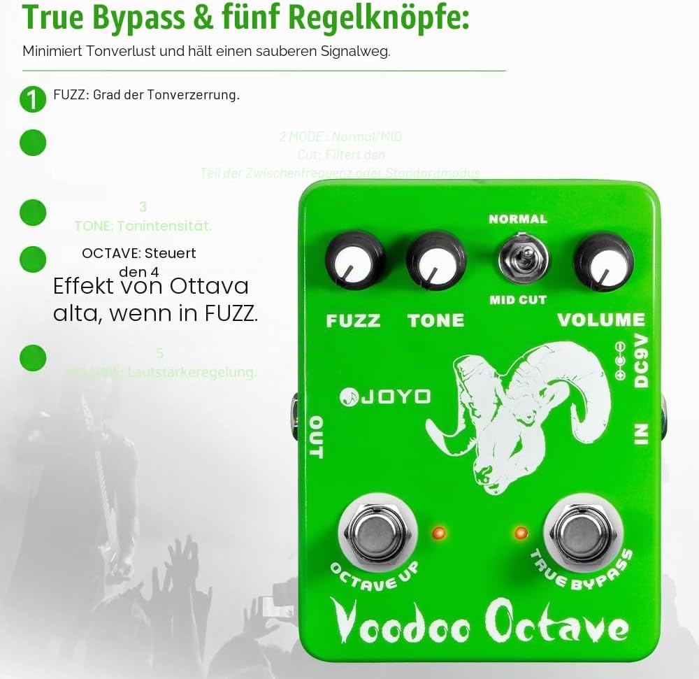 JOYO Octave Fuzz Pedal Germanium Fuzz 60er Rock-Effekt mit „Mid-Cut“ für E-Gitarre – True Bypass (Vo
