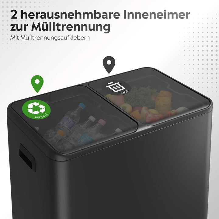 WLIVE Mülleimer 2 x 30L (60L Gesamtvolumen),Mülleimer Küche,Edelstahl Mülltrennsystem mit Mülleimer