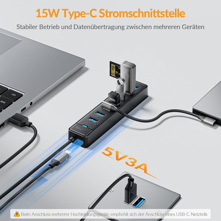 iDsonix 7-Port USB 3.0 Hub - USB Verteiler Multiport Adapter mit 1M Kable, USB 3.0 5Gbps Data, 5V 3A